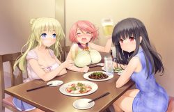Rule 34 | 3girls, alcohol, amabane nodoka, beer, black hair, blonde hair, blue dress, blue eyes, breast rest, breasts, button gap, chair, champagne, champagne flute, chopsticks, cleavage, closed mouth, cup, dress, drinking glass, closed eyes, food, game cg, hair bun, happy, higashiboujou akira, highres, holding, holding glass, huge breasts, indoors, ishikei, large breasts, legs, long hair, love cube, medium breasts, multiple girls, open mouth, red eyes, red hair, shitaka iori, short hair, single hair bun, sitting, skirt, sleeveless, sleeveless dress, smile, table, thighs, water