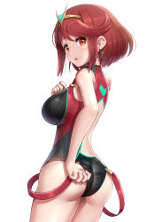 Rule 34 | 1girl, adapted costume, ass, back, bare legs, black one-piece swimsuit, blush, breasts, commentary, competition swimsuit, cowboy shot, earrings, from behind, gonzarez, hairband, hand on own chest, highres, jewelry, large breasts, looking at viewer, looking back, nintendo, one-piece swimsuit, open mouth, pyra (pro swimmer) (xenoblade), pyra (xenoblade), red eyes, red hair, red one-piece swimsuit, short hair, simple background, solo, swimsuit, thighs, two-tone swimsuit, wet, white background, xenoblade chronicles (series), xenoblade chronicles 2