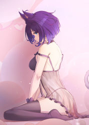 Rule 34 | 1girl, absurdres, animal ear fluff, animal ears, ass, babydoll, bare shoulders, between legs, black thighhighs, blue eyes, blush, breasts, caisena, closed mouth, commentary request, frills, from side, hair between eyes, hand between legs, heart, highres, honkai (series), honkai impact 3rd, kemonomimi mode, looking at viewer, looking to the side, medium breasts, no shoes, panties, purple hair, purple panties, see-through, seele vollerei, sitting, smile, solo, strap slip, tail, thighhighs, underwear, underwear only, wariza