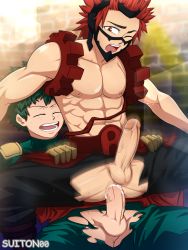 Rule 34 | 10s, 2boys, abs, anal, boku no hero academia, cum, cum in ass, cumdrip, ejaculating while penetrated, ejaculation, erection, green hair, highres, kirishima eijirou, male focus, male penetrated, midoriya izuku, multiple boys, muscular, nipples, pectorals, penis, red hair, sex, straddling, suiton, sweat, tagme, testicles, torn clothes, uncensored, yaoi