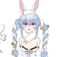 Rule 34 | 1girl, 1no se hi na, animal, animal ear fluff, animal ears, animal on head, bare shoulders, blue hair, braid, breasts, carrot hair ornament, cleavage, clothing cutout, creature, cropped torso, detached sleeves, don-chan (usada pekora), dress, extra ears, fish, fish on head, food-themed hair ornament, fur scarf, hair ornament, highres, hololive, long hair, looking at viewer, multicolored hair, on head, open mouth, rabbit, rabbit-shaped pupils, rabbit ears, rabbit girl, red eyes, sacabambaspis, scarf, short eyebrows, sidelocks, simple background, small breasts, solo, straight-on, strapless, strapless dress, sweat, swept bangs, symbol-shaped pupils, thick eyebrows, twin braids, twintails, two-tone hair, underboob cutout, usada pekora, usada pekora (1st costume), virtual youtuber, white background, white dress, white hair, white scarf, white sleeves