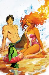Rule 34 | 1girl, 2boys, abs, absurdres, alternate costume, bare shoulders, barefoot, beast boy (dc), bird, black hair, black shorts, breasts, cleavage, closed eyes, colored skin, dan mora, dc comics, fiery hair, green eyes, highres, innertube, kneeling, long hair, looking at another, medium breasts, multiple boys, muscular, muscular male, nightwing, one-piece swimsuit, orange hair, orange skin, penguin, pink one-piece swimsuit, reflection, reflective water, sand, short hair, shorts, starfire, swim ring, swimsuit, teen titans, topless male, two-tone one-piece swimsuit, water, white one-piece swimsuit