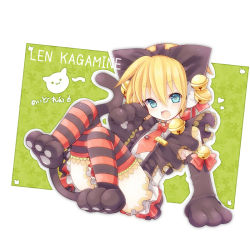 Rule 34 | 1boy, animal ears, aqua eyes, bad id, bad pixiv id, bell, blonde hair, cat ears, cat tail, crossdressing, elbow gloves, gloves, jingle bell, kagamine len, male focus, name tag, necktie, open mouth, red necktie, solo, striped clothes, striped thighhighs, suzugo@erorin, tail, thighhighs, trap, vocaloid