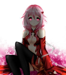 Rule 34 | 10s, 1girl, bad id, bad pixiv id, bare shoulders, black thighhighs, breasts, center opening, cleavage, detached sleeves, elbow gloves, fingerless gloves, gloves, guilty crown, hair ornament, hairclip, highres, long hair, looking at viewer, navel, open mouth, pink hair, red eyes, sheya, solo, thighhighs, twintails, yuzuriha inori