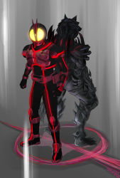 Rule 34 | 2boys, antennae, armor, back-to-back, belt, claws, dual persona, glowing, glowing eyes, huujyu, kamen rider, kamen rider 555, kamen rider faiz, mask, monster, multiple boys, signature, spikes, spoilers, wolf orphnoch, yellow eyes