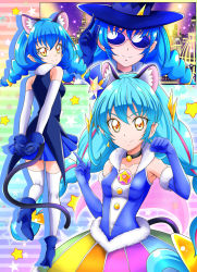 Rule 34 | 1girl, animal ears, arms behind back, blue-tinted eyewear, blue-tinted glasses, blue footwear, blue gloves, blue hair, blue headwear, blue skirt, breasts, cat ears, choker, closed mouth, collarbone, covered erect nipples, cure cosmo, elbow gloves, floating hair, fur-trimmed gloves, fur trim, gloves, hair between eyes, hanzou, highres, long hair, looking at viewer, miniskirt, multicolored clothes, multicolored skirt, multiple views, own hands together, pink-framed eyewear, pleated skirt, pointy ears, precure, skirt, small breasts, smile, star twinkle precure, sunglasses, thighhighs, tinted eyewear, twintails, white gloves, white thighhighs, yellow eyes, yuni (precure), zettai ryouiki