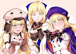 Rule 34 | 1girl, @ @, ahoge, artoria caster (fate), artoria caster (first ascension) (fate), artoria caster (second ascension) (fate), artoria caster (third ascension) (fate), artoria pendragon (fate), bare shoulders, beret, black bow, black gloves, blonde hair, blue bow, blue cloak, blue headwear, blush, bow, bracelet, breasts, brown gloves, buttons, cloak, closed mouth, collared shirt, dress, elbow gloves, fate/grand order, fate (series), fur hat, gloves, green eyes, hair bow, hat, heart, jewelry, kirikirisamurai, kiss, long hair, long sleeves, multicolored clothes, multicolored dress, one eye closed, open mouth, ornament, packet, purple bow, diamond (shape), shirt, skirt, small breasts, smile, twintails, ushanka, very long hair, vest, white background, white headwear, white shirt, white skirt, white vest