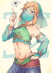 Rule 34 | 1boy, armpits, bad id, bad pixiv id, bare shoulders, blonde hair, blue eyes, blue pants, bridal gauntlets, circlet, closed mouth, collarbone, contrapposto, cowboy shot, crop top, detached sleeves, eyelashes, fingernails, frown, gameplay mechanics, gerudo set (zelda), green shirt, groin, hand on own hip, index finger raised, link, long hair, long sleeves, looking at viewer, male focus, midriff, mouth veil, navel, nintendo, pants, parted bangs, pointy ears, pon zooyaa, see-through, shiny skin, shirt, simple background, solo, speech bubble, spoken squiggle, squiggle, standing, the legend of zelda, the legend of zelda: breath of the wild, trap, tsurime, veil, yellow background