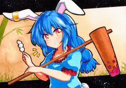 Rule 34 | 1girl, ambiguous red liquid, animal ears, blue dress, blue hair, dress, earclip, hair between eyes, kine, mallet, qqqrinkappp, rabbit ears, rabbit tail, red eyes, seiran (touhou), solo, touhou, traditional media