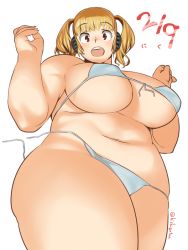 Rule 34 | 1girl, bad id, bad pixiv id, belly, bikini, blonde hair, blush, breasts, covered erect nipples, dated, headphones, hishigata, huge breasts, looking at viewer, navel, nitroplus, open mouth, orange eyes, plump, short hair, solo, super pochaco, swimsuit, thick arms, thick thighs, thighs, twintails, twitter username, wardrobe malfunction, white bikini, wide hips
