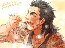 Rule 34 | 1boy, bara, beard, black tank top, eating, facial hair, final fantasy, final fantasy xv, from side, gladiolus amicitia, goatee, hair slicked back, happy, holding, holding spoon, karipaku, male focus, mature male, medium hair, muscular, muscular male, pectoral cleavage, pectorals, smile, solo, spicy, spoon, stubble, sweat, tank top, thick eyebrows, translation request, upper body