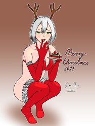 Rule 34 | 1girl, absurdres, artist name, bra, cake, christmas, christmas stocking, dated, feet, food, fruit, gloves, green eyes, grey hair, hairband, highres, horns, licking, licking finger, original, red footwear, red thighhighs, solo, strawberry, thighhighs, underwear