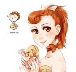Rule 34 | 1girl, bare arms, barefoot, blush stickers, bow, brown eyes, chibi, choker, cinnamon roll, closed eyes, collarbone, dress, food, food-themed clothes, freckles, hair bow, holding, lips, looking at viewer, meago, musical note, open mouth, orange hair, original, personification, ponytail, ribbon choker, signature, simple background, sketch, smile, solo, strapless, strapless dress, themed object, upper body