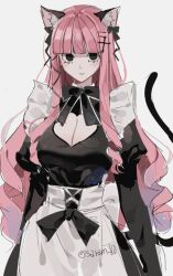 Rule 34 | animal ears, apron, bad id, bad twitter id, black eyes, black shirt, blunt bangs, cat ears, cat tail, drill hair, eyelashes, hair ornament, hairclip, joman, juliet sleeves, long hair, long sleeves, looking at viewer, maid, maid apron, neck ribbon, one piece, perona, pink hair, puffy sleeves, ribbon, shirt, sidelocks, simple background, solo, tail, upper body, white background