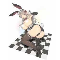 Rule 34 | 1girl, animal ears, apron, ass, blonde hair, blue eyes, blush, breasts, censored, character request, chessboard, fake animal ears, fishnets, full body, hand on own head, heels, large breasts, long hair, looking back, maid, maid apron, on floor, open mouth, rabbit ears, rabbit tail, source request, white background, yaegashi nan