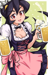 1girl alcohol alternate_costume apron beer beer_mug black_hair blush bow bowtie breasts cleavage collarbone cowboy_shot detached_collar dress filia_(skullgirls) green_background hamu_agaki long_hair looking_at_viewer mug oktoberfest open_mouth pinafore_dress puffy_sleeves purple_hair red_eyes rer_lips short_dress skullgirls sleeveless_dress smile solo waist_apron