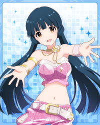 Rule 34 | 10s, 1girl, :d, armlet, blue background, blue hair, bracelet, brown eyes, bustier, female focus, idolmaster, idolmaster million live!, jewelry, kawakami tetsuya, kitakami reika, long hair, looking at viewer, lots of jewelry, midriff, navel, necklace, official art, open mouth, outstretched arms, smile, solo, twintails