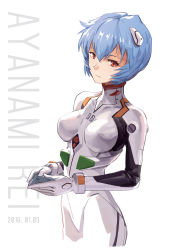 Rule 34 | 1girl, ayanami rei, blue hair, bodysuit, breasts, character name, closed mouth, commentary request, cowboy shot, dated, expressionless, hair between eyes, hair ornament, head tilt, highres, impossible bodysuit, impossible clothes, interface headset, linzhong de xiongbaobao, looking at viewer, medium breasts, neon genesis evangelion, own hands together, plugsuit, red eyes, short hair, simple background, skin tight, solo, white background, white bodysuit