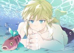 Rule 34 | 1boy, air bubble, barefoot, bishounen, black male swimwear, black swim trunks, blonde hair, blue eyes, bubble, dated, feet up, fish, floating hair, holding breath, immersed, link, looking at animal, lying, male focus, male swimwear, nintendo, on ground, on stomach, own hands together, signature, submerged, swim trunks, swimsuit, the legend of zelda, the legend of zelda: breath of the wild, topless male, twitter username, underwater, water, zmauuchan