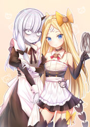 Rule 34 | 2girls, abigail williams (fate), alternate costume, apron, bad id, bad pixiv id, bags under eyes, bare shoulders, bear hair ornament, belt collar, black bow, black dress, black gloves, black legwear, black skirt, blonde hair, blush, bow, brown background, brown collar, closed mouth, collar, commentary request, cowboy shot, crossed bandaids, detached collar, dress, elbow gloves, enmaided, fate/grand order, fate (series), frilled apron, frills, garter straps, gloves, hair between eyes, hair bow, hair ornament, hand on another&#039;s waist, highres, holding, horns, juliet sleeves, lavinia whateley (fate), long hair, long sleeves, maid, multiple girls, parted bangs, pleated skirt, puffy sleeves, purple eyes, silver hair, single horn, skirt, smile, thighhighs, very long hair, waist apron, white apron, white collar, white gloves, wide-eyed, wing collar, yellow bow, zhi yu (siro800102)