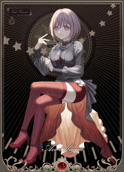 Rule 34 | 1girl, bang dream!, bang dream! it&#039;s mygo!!!!!, black background, black shirt, clock, closed mouth, collared shirt, commentary request, cursive, english text, full body, high heels, highres, holding, holding mask, invisible chair, jewelry, long hair, looking at viewer, mask, necklace, purple hair, red brooch, red footwear, red shorts, red thighhighs, shirt, shorts, sitting, smile, solo, star (symbol), thighhighs, waist cape, xukong, yuutenji nyamu