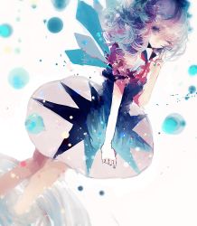 Rule 34 | 1girl, bad id, bad pixiv id, blue dress, blue eyes, blue hair, cirno, dress, finger to cheek, ice, ice wings, liyanshuo, matching hair/eyes, puffy sleeves, shirt, short sleeves, solo, touhou, wings, wink