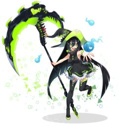 Rule 34 | 1girl, :d, absurdres, bare arms, bare shoulders, black dress, black hair, black hat, black thighhighs, blush, breasts, commentary request, dress, green eyes, green footwear, hair between eyes, hat, high heels, highres, hitodama, holding, holding scythe, holding weapon, long hair, looking at viewer, medium breasts, open mouth, original, outstretched arms, sakura chiyo (konachi000), scythe, shinigami, shoes, sideboob, sleeveless, sleeveless dress, smile, solo, standing, standing on one leg, teeth, thighhighs, upper teeth only, very long hair, weapon, white background, witch hat