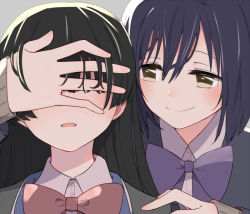 Rule 34 | 2girls, black hair, black jacket, bow, bowtie, brown eyes, closed mouth, collared shirt, commentary request, covered eyes, grey background, hair between eyes, hand on another&#039;s face, hand on another&#039;s shoulder, hand over another&#039;s eyes, jacket, long hair, looking at another, multiple girls, nijisanji, parted lips, purple hair, purple neckwear, red neckwear, shirt, shizuka rin, short hair, smile, sou (tuhut), tsukino mito, tsukino mito (1st costume), upper body, virtual youtuber, white shirt, yuri