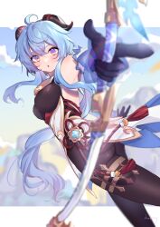 Rule 34 | 1girl, absurdres, ahoge, aiming, bare shoulders, bell, black gloves, blue hair, blush, bodystocking, bow (weapon), breasts, cowbell, flower knot, ganyu (genshin impact), genshin impact, gloves, goat horns, gold trim, highres, himey, holding, holding bow (weapon), holding weapon, horns, large breasts, leotard, leotard under clothes, long hair, looking at viewer, low ponytail, neck bell, open mouth, purple eyes, sidelocks, solo, vision (genshin impact), weapon