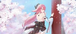Rule 34 | 1girl, animal ears, bare shoulders, blue sky, cherry blossoms, closed mouth, commentary request, day, detached sleeves, fox ears, genshin impact, hair between eyes, highres, long hair, looking at viewer, looking back, omochiarts, outdoors, pink hair, purple eyes, sky, smile, solo, standing, white sleeves, wide sleeves, yae miko