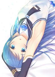 Rule 34 | armpits, arms up, black gloves, blue eyes, blue hair, breasts, elbow gloves, gloves, kanden sky, kantai collection, long hair, lying, samidare (kancolle), sideboob, sleeveless, small breasts, solo, upside-down, very long hair