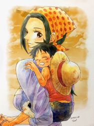 Rule 34 | 1boy, 1girl, age difference, artist request, highres, makino (one piece), monkey d. luffy, one piece, smile