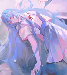 Rule 34 | 1girl, ayanami rei, baby, blue dress, blue hair, chinese commentary, dress, evangelion: 3.0+1.0 thrice upon a time, expressionless, highres, holding hands, ling ye zzz, long hair, looking to the side, lying, neck ribbon, neon genesis evangelion, on back, out of frame, pinafore dress, rebuild of evangelion, red eyes, ribbon, school uniform, shirt, sleeveless, sleeveless dress, solo, standing, tokyo-3 middle school uniform, very long hair, white shirt
