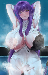 Rule 34 | 1girl, absurdres, arms behind head, bra, breasts, convenient censoring, fern (sousou no frieren), groin, highres, huge breasts, k 0art, lingerie, long hair, purple eyes, purple hair, sousou no frieren, steam, steam censor, torn clothes, underwear
