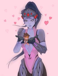Rule 34 | 2girls, absurdres, arm tattoo, armor, blue hair, bodysuit, breasts, brown eyes, brown hair, colored skin, gloves, goggles, head-mounted display, heart, highres, long hair, medium breasts, mini person, minigirl, multiple girls, open mouth, overwatch, overwatch 1, pauldrons, pink background, pink bodysuit, ponytail, purple skin, short hair, shoulder armor, simple background, tattoo, tracer (overwatch), widowmaker (overwatch), yuri