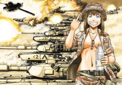 Rule 34 | 1girl, battle, belt, blue eyes, boonie hat, bottle, breasts, breasts apart, brown hair, dog tags, explosion, grin, jacket, long hair, mc axis, middle finger, military, military uniform, military vehicle, motor vehicle, navel, no bra, open clothes, open jacket, sao satoru, sleeves rolled up, smile, solo, tank, uniform, united states, vehicle, war, water bottle
