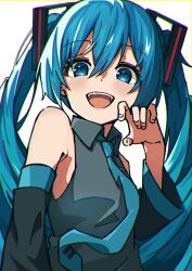 Rule 34 | 1girl, :d, absurdres, auhuheben17, bare shoulders, black sleeves, blue eyes, blue hair, blue necktie, blush, claw pose, collared shirt, detached sleeves, dot nose, grey shirt, hair between eyes, hair ornament, hand up, hatsune miku, highres, long hair, long sleeves, looking at viewer, necktie, open mouth, raised eyebrows, shirt, sidelocks, simple background, sleeveless, sleeveless shirt, smile, solo, teeth, twintails, upper body, upper teeth only, very long hair, vocaloid, white background
