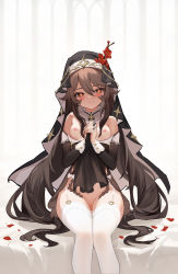 Rule 34 | bare legs, bare shoulders, bed, bed sheet, black dress, black nails, blush, bottomless, bow, breasts, brown hair, cleft of venus, clothes lift, clothes pull, collar, cross, cross necklace, detached collar, dress, flower, flower-shaped pupils, genshin impact, habit, hair between eyes, highres, hu tao (genshin impact), jewelry, legs together, lifting own clothes, long sleeves, nail polish, necklace, nipples, nun, petals, plum blossoms, ponytail, pussy, red eyes, ricegroup, skirt, skirt lift, small breasts, smile, symbol-shaped pupils, thighhighs, twintails, veil, white thighhighs