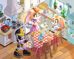 Rule 34 | 2girls, apple, bench, bird, black footwear, bowl, cake stand, chair, chao (sonic), cheese (sonic), clock, cooking, cream the rabbit, cup, cupcake, dress, dstears, egg (food), egg carton, food, fruit, furry, furry female, gemerl, gloves, highres, holding, holding bowl, holding spoon, holding tray, indoors, kettle, kitchen, mother and daughter, multiple girls, on chair, orange footwear, orange skirt, oven mitts, pastry bag, pink dress, plant, red vest, refrigerator, robot, shoes, sink, skirt, sonic (series), spoon, standing, standing on chair, stove, table, tray, vanilla the rabbit, vest, white gloves, wooden floor, wooden spoon