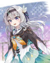 Rule 34 | 1girl, :d, arms at sides, artist name, black hairband, black jacket, blue pupils, blue ribbon, blue skirt, bow, cowboy shot, cropped jacket, firefly (honkai: star rail), floating hair, grey hair, hair between eyes, hair bow, hair intakes, hair ribbon, hairband, highres, honkai: star rail, honkai (series), jacket, long hair, long sleeves, looking at viewer, neckerchief, open mouth, orange neckerchief, pink eyes, pleated skirt, railing, ribbon, shirt, shooting star, sidelocks, skirt, smile, solo, teeth, upper teeth only, white bow, white shirt, yuewishies