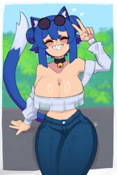 Rule 34 | 1girl, absurdres, animal ear fluff, animal ears, bare shoulders, bell, blue hair, blue pants, blurry, blurry background, breasts, cat ears, cat girl, cat tail, choker, cleavage, clenched teeth, closed eyes, collarbone, cowboy shot, doce, eyeshadow, female focus, freckles, grin, hair between eyes, hair bun, heart, highres, jingle bell, large breasts, makeup, midriff, navel, original, outdoors, pants, sharp teeth, shirt, short hair, smile, solo, tail, teeth, v, white shirt, xiao (docecaedrus)