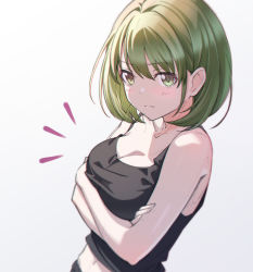 Rule 34 | 1girl, :|, arms under breasts, bare shoulders, black tank top, blush, breasts, cleavage, closed mouth, collarbone, crossed arms, green eyes, green hair, idolmaster, idolmaster shiny colors, looking at viewer, looking to the side, medium breasts, midriff, nanakusa nichika, navel, notice lines, off shoulder, short hair, simple background, sogdin, solo, tank top, upper body