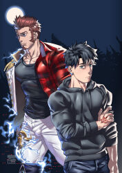 Rule 34 | 2boys, alternate costume, arm grab, bara, blue eyes, brown hair, bulge, burning clothes, collared shirt, command spell, epaulettes, expressionless, eyes in shadow, facial hair, fate/grand order, fate (series), feet out of frame, forest, fringe trim, fujimaru ritsuka (male), glowing, glowing eyes, goatee, highres, hood, hoodie, jacket, jitome, large pectorals, long sideburns, long sleeves, looking ahead, looking at viewer, male focus, mature male, monmonhomon, multiple boys, muscular, muscular male, napoleon bonaparte (fate), nature, open clothes, open jacket, pectorals, red eyes, red shirt, shirt, short hair, sideburns, thick eyebrows, thighs, tight clothes, tight shirt, transformation