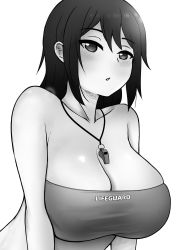 Rule 34 | 1girl, absurdres, breasts, cleavage, collarbone, english text, greyscale, highres, large breasts, looking at viewer, monochrome, open mouth, original, short hair, sketch, solo, strapless, sun, the only shoe, tube top, whistle