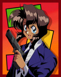 Rule 34 | 1990s (style), 1girl, blue eyes, brown hair, dark-skinned female, dark skin, gun, gunsmith cats, highres, holding, holding gun, holding weapon, jacket, looking to the side, necktie, open mouth, potiri02, rally vincent, retro artstyle, solo, weapon