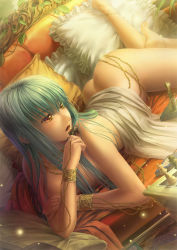 Rule 34 | 1girl, anklet, arm support, bad id, bad pixiv id, barefoot, bed sheet, blue hair, chain, chessboard, frilled pillow, frills, jewelry, long hair, lots of jewelry, lying, meganeking, naked sheet, nude, original, pillow, solo