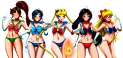 Rule 34 | 5girls, :t, aino minako, bare shoulders, bishoujo senshi sailor moon, bishoujo senshi sailor moon (first season), black hair, blonde hair, blue bow, blue eyes, blue hair, blue sailor collar, boots, bow, bra, breasts, brooch, brown hair, cameltoe, chain, choker, cleavage, collarbone, cowboy shot, crescent, crescent earrings, crescent moon, double bun, earrings, elbow gloves, electricity, female focus, fire, gloves, green eyes, grimbyslayer, groin, hair bobbles, hair bow, hair bun, hair ornament, half updo, hand on own chest, hand on own hip, headphones, highres, hino rei, inner senshi, jewelry, kino makoto, light smile, lineup, long hair, looking at viewer, magical girl, mask, medium breasts, midriff, mizuno ami, moon, moon stick, multiple girls, navel, ofuda, one eye closed, open mouth, panties, parted lips, pink bow, ponytail, purple eyes, red bow, sailor collar, sailor jupiter, sailor mars, sailor mercury, sailor moon, sailor moon narikiri bra set, sailor senshi, sailor venus, short hair, simple background, skirt, standing, star (symbol), star earrings, thigh gap, tiara, tsukino usagi, twintails, underwear, underwear only, v, very long hair, water, white background, white gloves, white hair