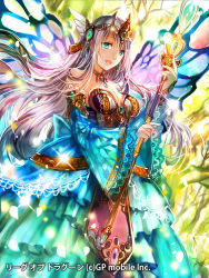 Rule 34 | 1girl, :d, blue dress, breasts, butterfly wings, cleavage, copyright name, copyright request, detached sleeves, dress, floating hair, glint, green eyes, hair between eyes, headpiece, holding, holding staff, insect wings, jewelry, layered dress, long dress, long hair, looking at viewer, medium breasts, necklace, open mouth, rioka (southern blue sky), smile, solo, staff, standing, strapless, strapless dress, very long hair, wings