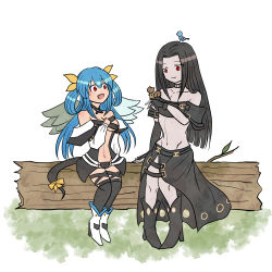 Rule 34 | 1girl, 1other, bird, blue hair, boots, dizzy (guilty gear), guilty gear, guilty gear x, hair ribbon, happy, highres, long hair, red eyes, ribbon, sangorou, squirrel, tail, testament (guilty gear), thighhighs, tree stump, twintails