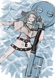 Rule 34 | a.b.a, arm around another, bandages, blood, closed eyes, green hair, green nails, guilty gear, guilty gear strive, highres, legs apart, open mouth, paracelsus (guilty gear), skirt, smile